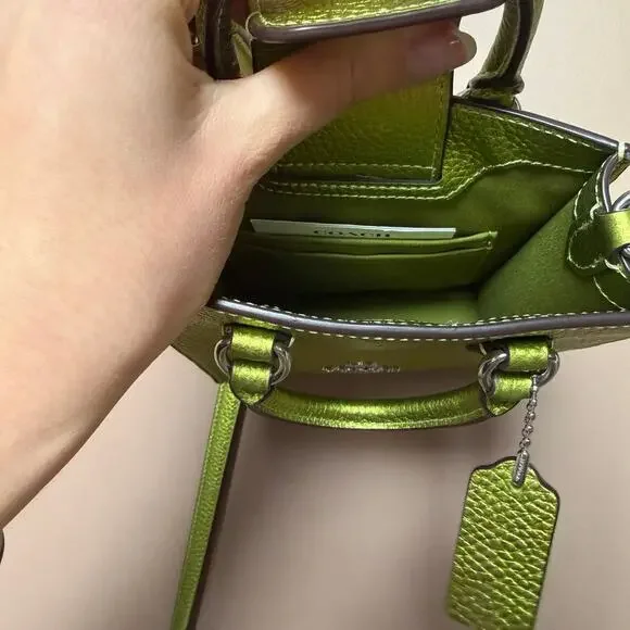 Coach North South Mini Tote Bag in a metallic neon green pebbled leather NWOT - Picture 7 of 8
